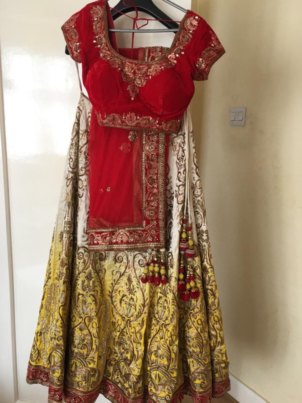 Red and Yellow Embroidered Women's Lehenga Dress